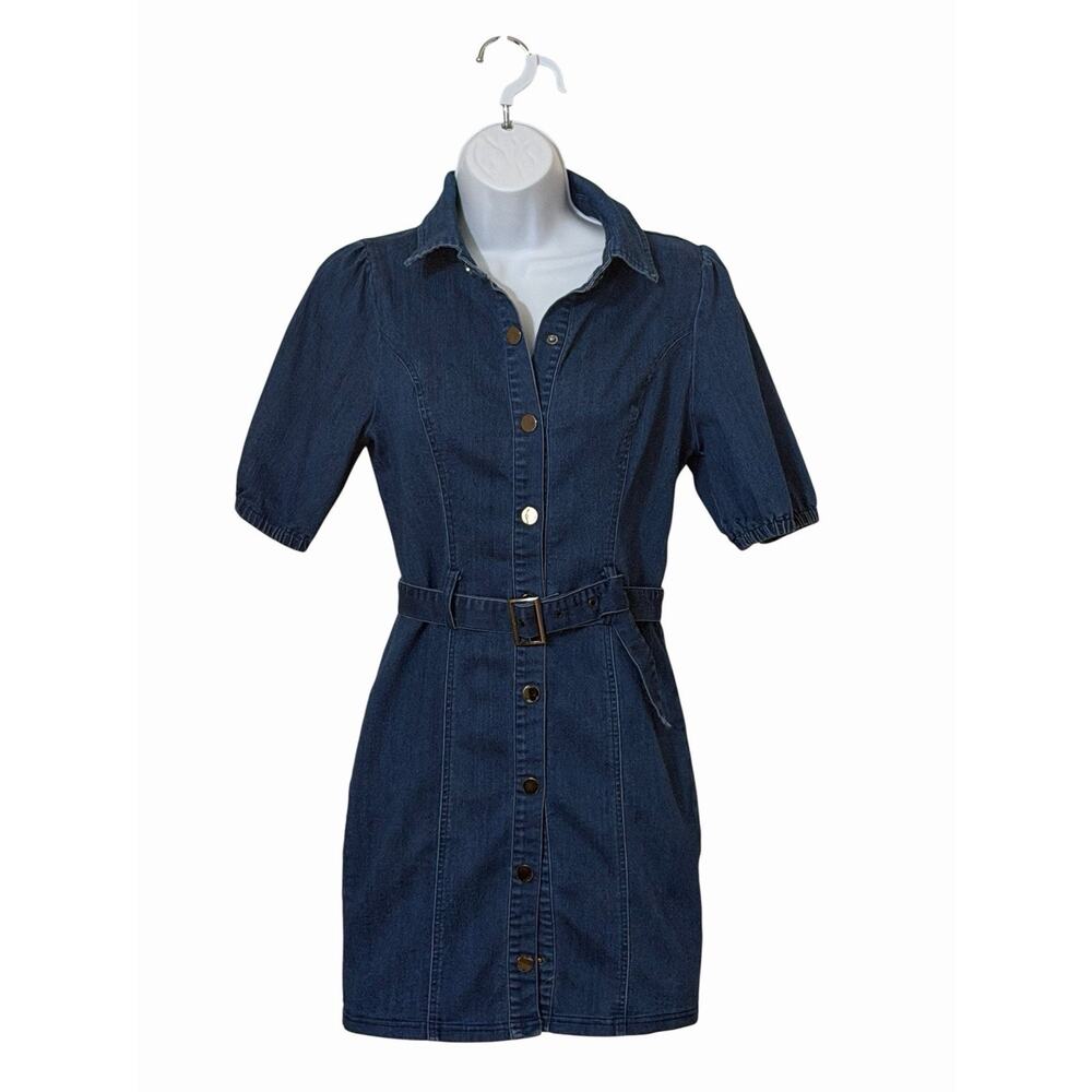 Iris Denim Button Front Mini Dress Belted Puff Sleeve Stretch M